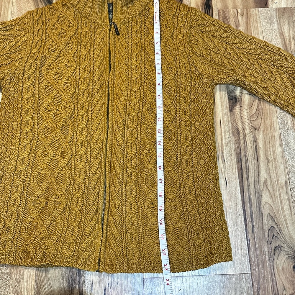 Inis Crafts Women’s 100% Merino Wool Irish Cable Knit Zip Sweater Mustard - Picture 9 of 10